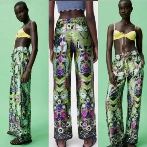 NEW Zara Satin Effect Floral Wide-Leg Pyjama Style Pants in Green, Size XS - Picture 1 of 16